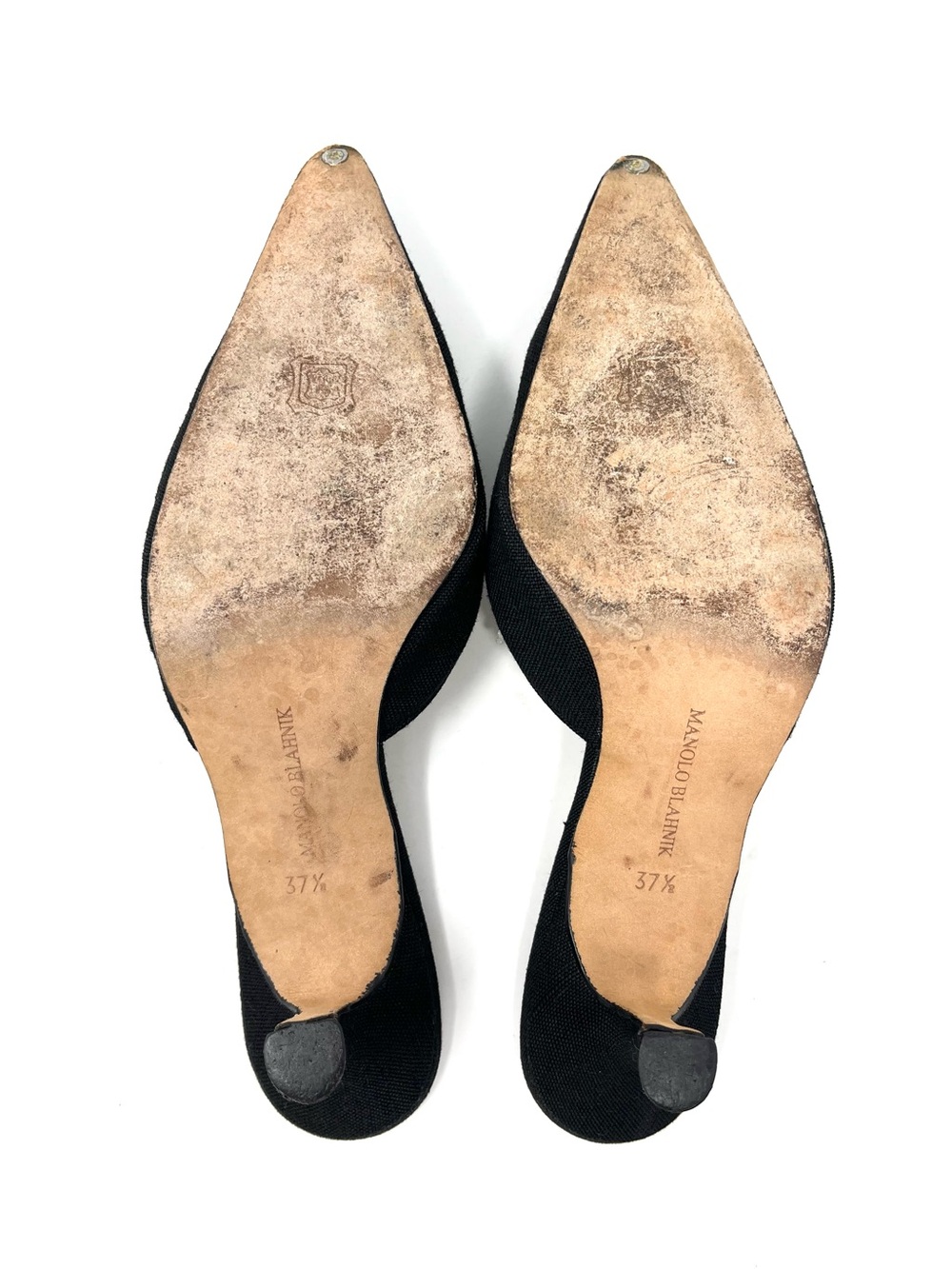 Vintage Manolo Blahnik Y2K Black Denim White Lace Up Bow Mules Kitten Heels 37.5 - Picture 8 of 9